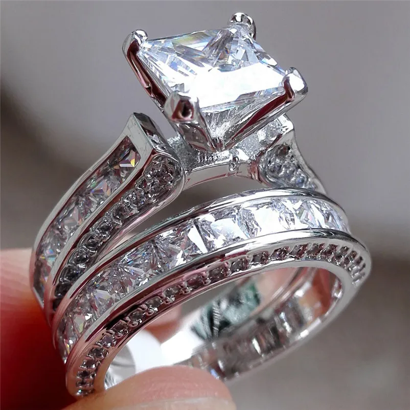 New Arrival Fashion Womens Vintage White Diamond Silver Engagement Wedding Band Rings for women midi rings Ring Set J13#N (5)