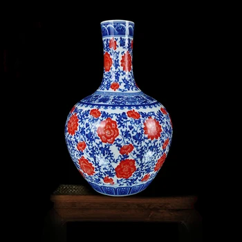 

high temperature burning blue and white red flower porcelain ceramic flower vase for home decor