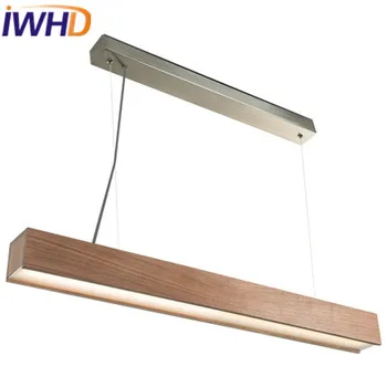 

IWHD Nordic Style Wood LED Pendant Light Fixtures Living Room Modern Hanging Lights Strip Lampara Cuboid Home Lighting Fixtures