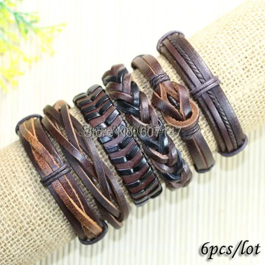 

Free shipping wholesale (6pcs/lot) classic brown bangels ethnic tribal genuine adjustable leather bracelets for unisex -S76