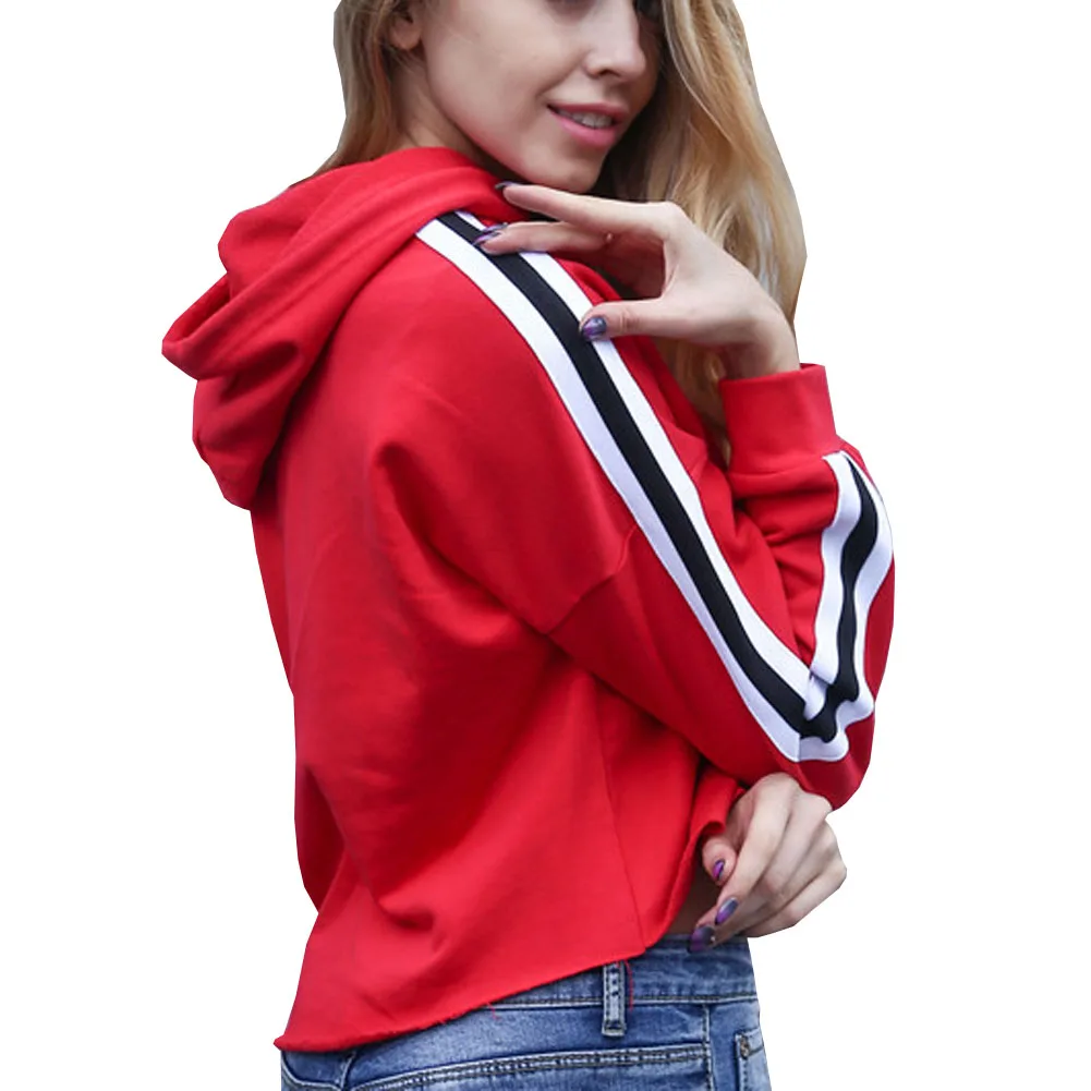 

Fashion White And Black Striped Hooded Sweatshirt Casual Long Sleeve Red Autumn Hoodie
