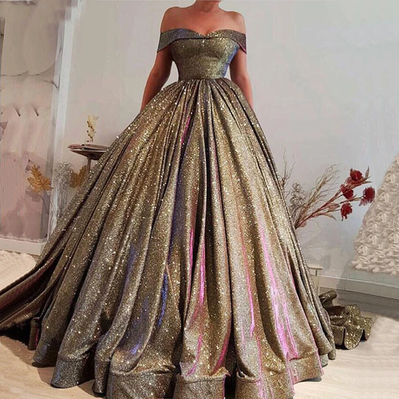 Robe de soiree, вечерние платья, Длинное Пышное Бальное Платье, с открытыми плечами, блестящее, с блестками, женское, арабское, официальное, выпускное, вечернее платье