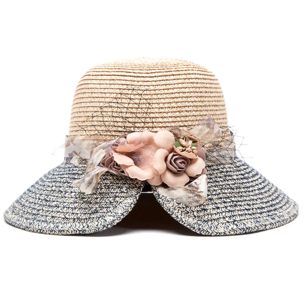 Hat Female Summer Travel Beach Straw Hat Korean Flower Folding Sun Hat ...