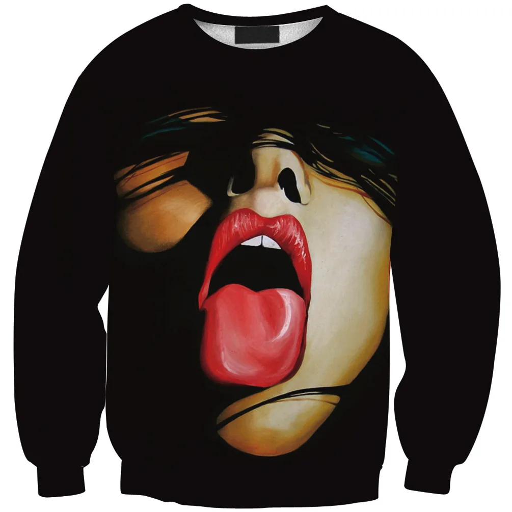 Women Hoodie Sexy Red Lip Women 3D Print Hoodies Women O-Neck Loose Full Sleeves Sweatshirt Pullover Sudaderas Mujer Moletom
