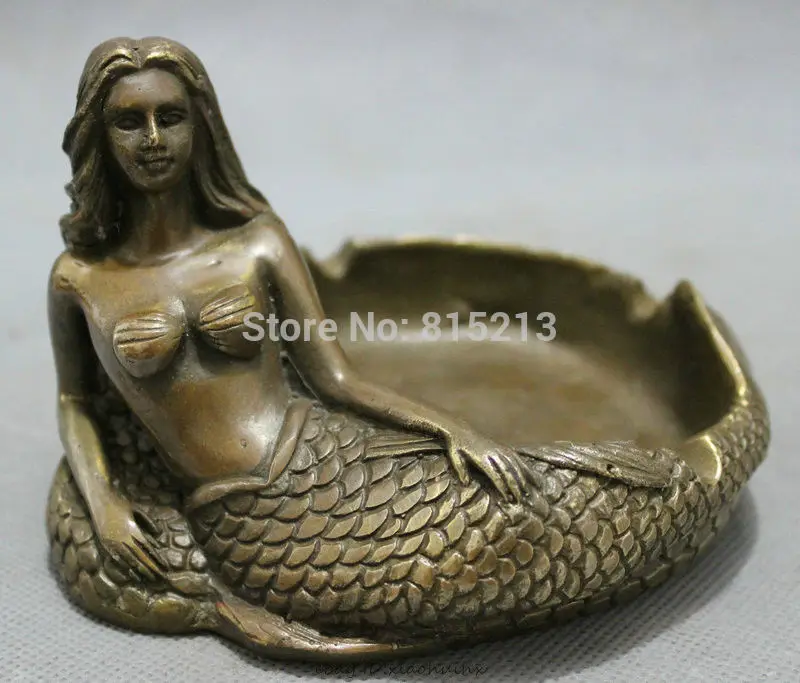 

bi0011691 Chinese Bronze Copper Folk Myth Belle Mermaid Sea-maid Fish Statue Ashtray