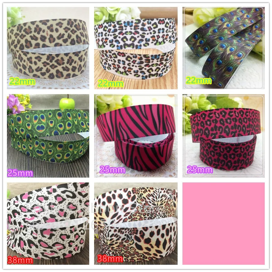 

Free Shipping 10 yards 22mm 25mm 38mm width leopard peacock animal pattern printed grosgrain cartoon ribbon