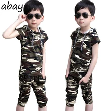 ФОТО childrens wear new style summer baby t-shirt korean fashion boy fashion hoodie camouflage children's suit wholesale