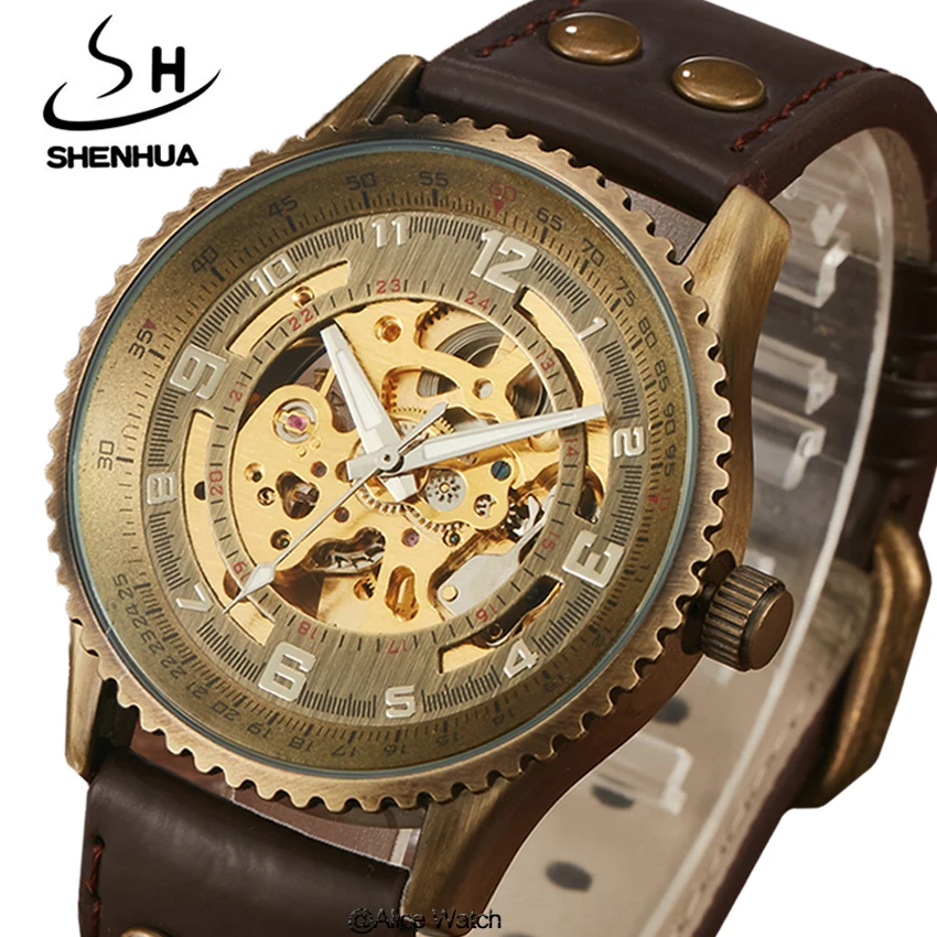 

SHENHUA Mens Mechanical Watch Skeleton Luxury Brand Fashion Dress Sports Leather Self Wind For Men Clock Relogio Masculino 2017