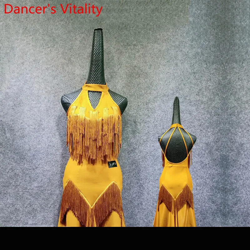 

Adult Latin Dance Practice Costume Sling Tassel Dress Rumba Samba Tango Cha Cha Dance Competition Performance Stage Wear Apparel