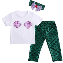 Детская одежда для маленьких девочек топы в виде ракушки, футболка+ трусы русалки, леггинсы, комплект одежды, размер от 0 до 24 месяцев