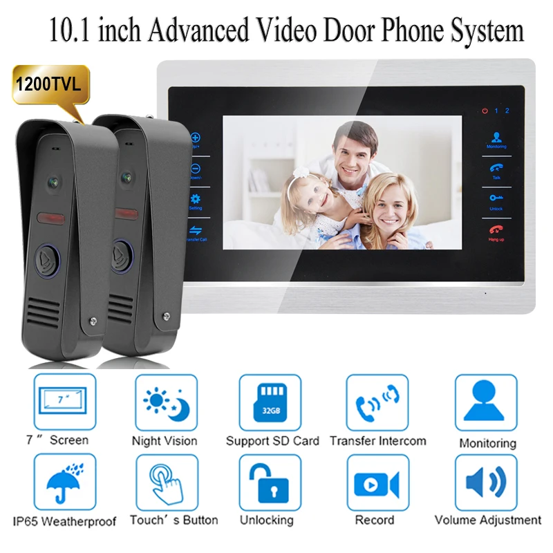 

10 Inch Video Door Phone System Recording HD 1200TVL Doorbell Camera and HandsFree Intercom Door bell 2 cameras 1 Monitor