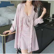 2 шт. кружевной Атласный Женский халат с длинным рукавом с v-образным вырезом и открытой спиной, женская летняя Весенняя Пижама, сексуальное кимоно