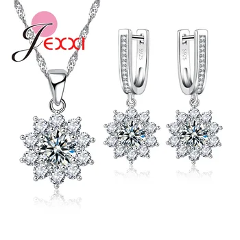 

New AAA Zircon Crystal Sterling Silver 925 Necklace Shiny Snowflake Shaped Necklaces & Earring Jewelry Sets Fine Jewelry