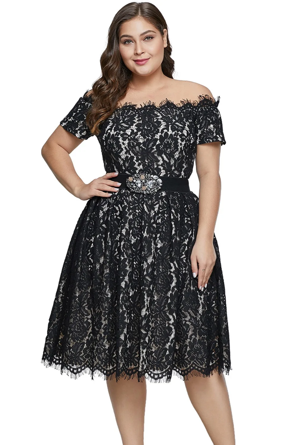 Black-Short-Sleeve-Off-shoulder-Lace-Plus-Size-Dress-LC611038-2-4