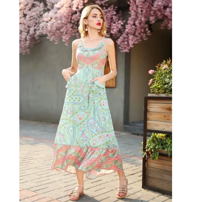 

2019 Women Summer Dress Bohemian Print Beach Elegant Sexy Chiffon Dresses Party Night Maxi Dress