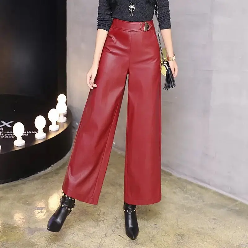 Wide Leg Pants Capirs Women 2019 Winter Warm PU Leather Pants Female Trousers OL Office Formal Casual Pants Woman Plus Size Wide Leg Pants Capirs Women 2019 Winter Warm PU Leather Pants Female Trousers OL Office Formal Casual Pants Woman Plus Size