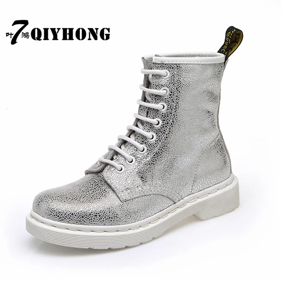 

QIYHONG Woman Fashion Genuine Leather high heel shoes Ankle Boots Female Lace Up Casual Flat Comfortable Autumn Zapatos Mujer