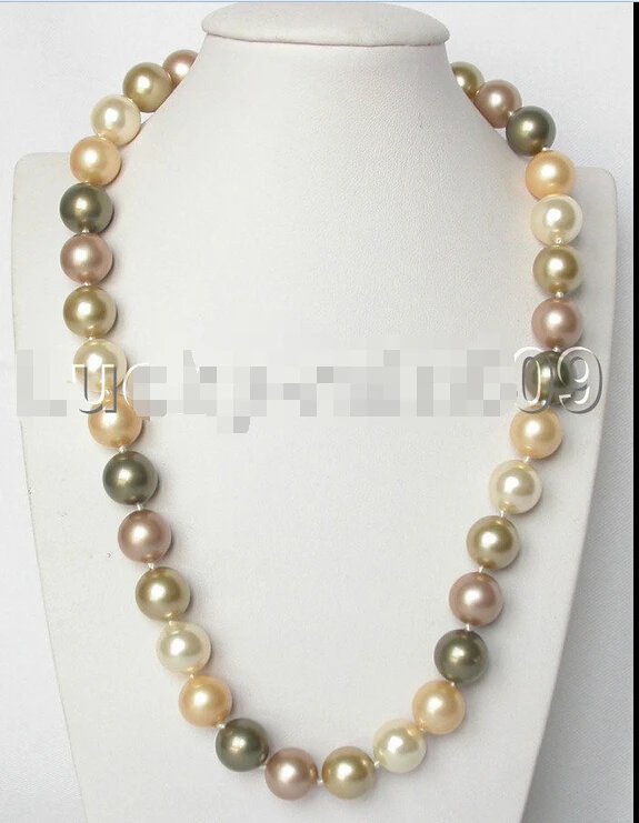 

Multicolor round golden champagne green south sea shell pearls necklace e124