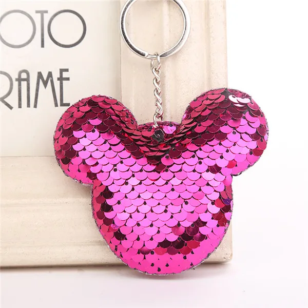 Cute Chaveiro Mickey Keychain Glitter Pompom Sequins Key Chain Gifts for Women Llaveros Mujer Car Bag Accessories Keyring