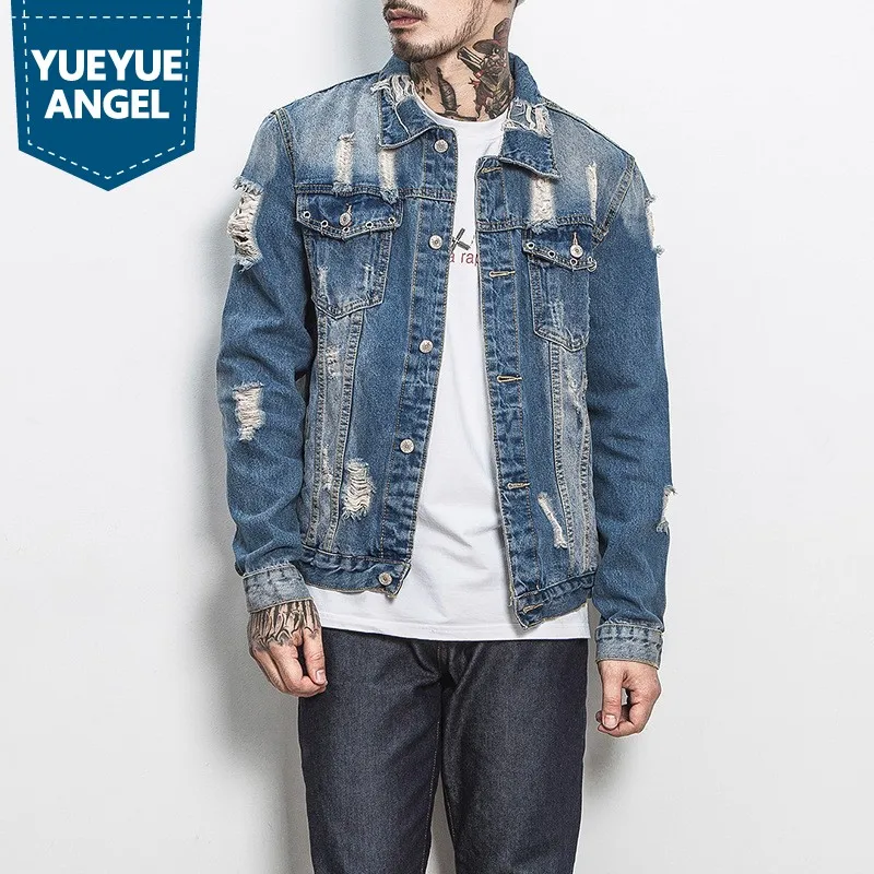 Retro Slim Ripped Denim Jackets Men Tops Coats Spring Men Washed Long ...