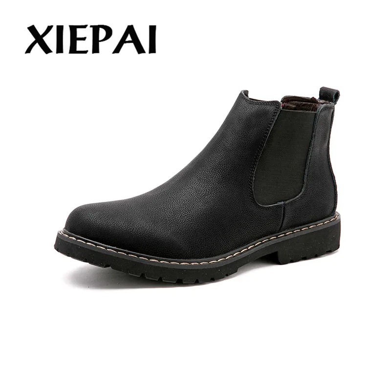

XIEPAI Plus Size 38-45 Chelsea Boots Men Winter Shoes Black Split Leather Boots Mens Warm Plush Fur Winter Boots For Men
