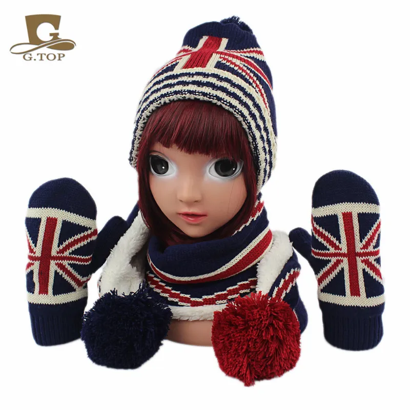 New kids children Knitted Hat font b Scarf b font Gloves 3pcs winter set UK flag