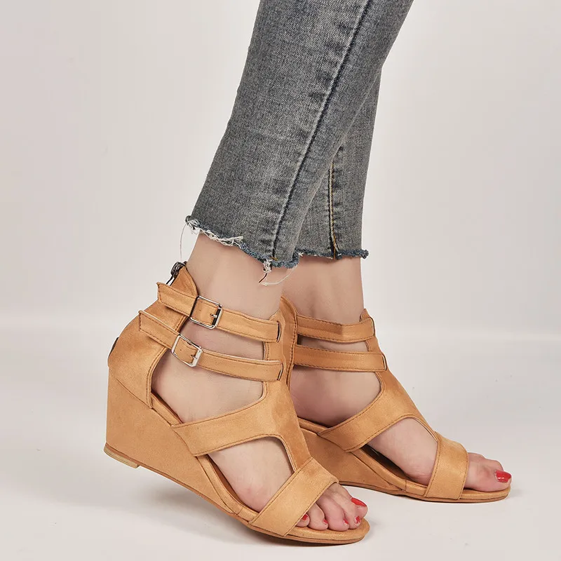 Women Sandals 2019 New Summer Fashion Flats Gladiator Wedges Shoes Woman Peep Toe Buckle Strap Solid Lady Casual Plus Size