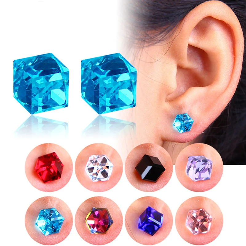 

Exquisite Crystal Strong Magnetic Stud Earrings Sparkling No Ear Hole Water Cube Box Cube Stone for Woman Party Jewelry Earring