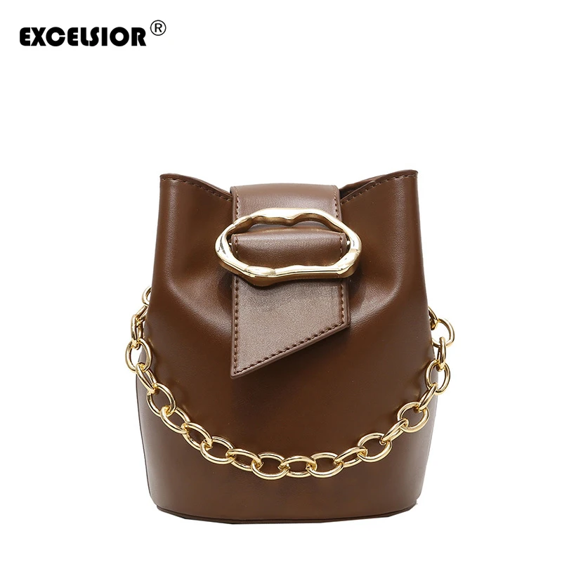 

EXCELSIOR Vintage Casual New Arrival Bucket Bag High Quality Leather Women's Handbag Big Buckle Hasp Crossbody Bag Chain Strap