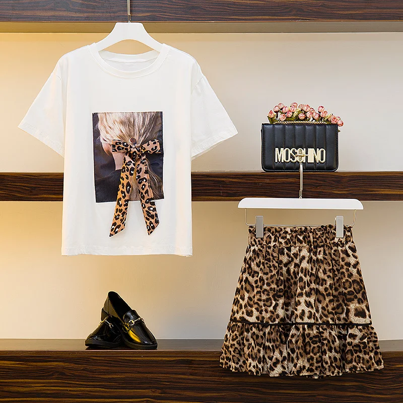 

2019 Summer 2 Piece Set Women's Bowknot Fashion Print Cotton T-shirts +Leopard Print Skirt Sets Plus Size Suits