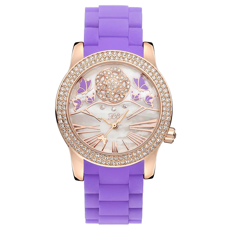 Princess Butterfly бренд Кристалл природа жемчуг и циферблат с бабочкой часы женские наручные водонепроницаемый силиконовый ремешок модные кварцевые women watches - Цвет: Purple Gold