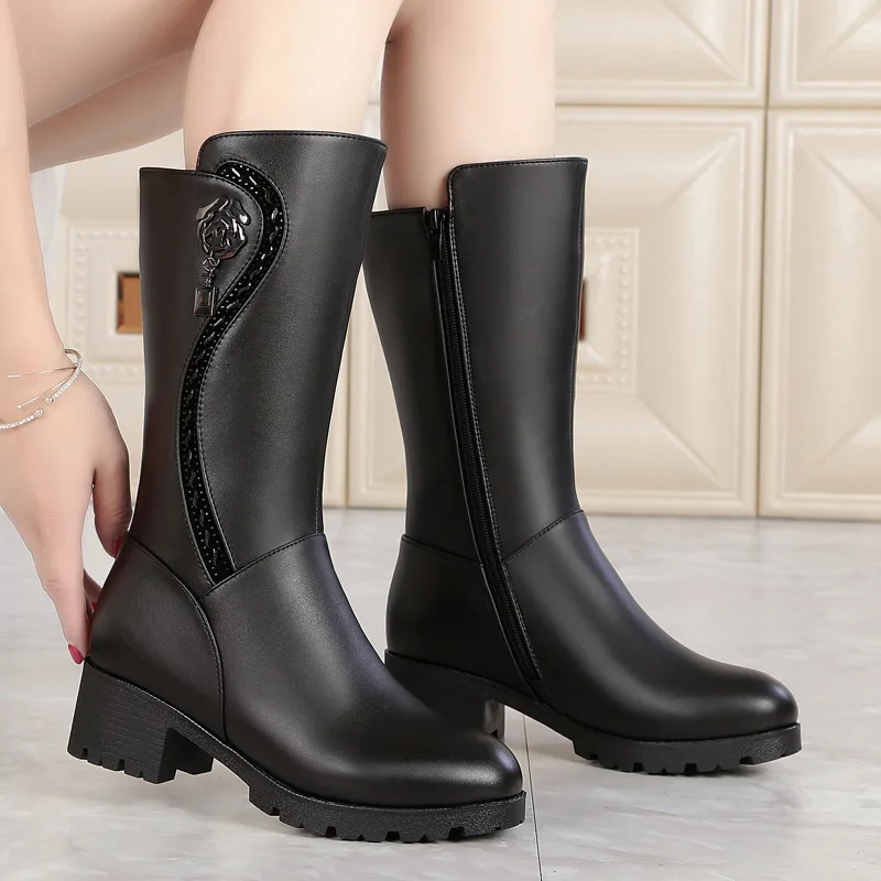 Black Inside Cuero Piel De Mujer Una Invierno Plush Mujeres Tamaño 2018 Negro Zapatos Botas Wool Lana Las Short Antideslizante Martin Nuevas Gran No black Vaca qwSHHPz