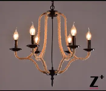

America Style Industry Country Chandelier Hemp Rope Lamp 6 E14 Vintage Iron Made Free shipping