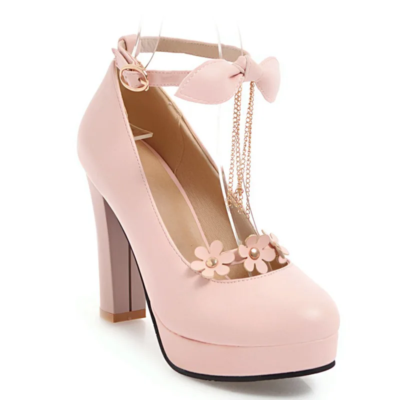 Rimocy/женские туфли-лодочки на очень высоком каблуке с милым цветочным принтом и ремешком; Новинка года; сезон весна; модная розовая Женская обувь с бантиком в стиле «Лолита» на толстой платформе - Цвет: Розовый