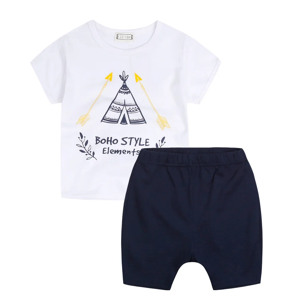 

INS European summer Children's casual set t-shirts and shorts boy girl cartoon tent pattern Suits cotton clothes 2pcs