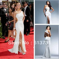 Wholesale - 2013 New Prom Dresses White Sexy Spaghetti Straps Floor Length Satin Sheath Evening Dresses With Slits FA04