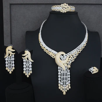 

Siscathy 4PCS Luxury Statement Women Wedding Jewelry Sets Charms CZ Collar Necklace Dangle Earrings Bangle Ring Jewelry Sets