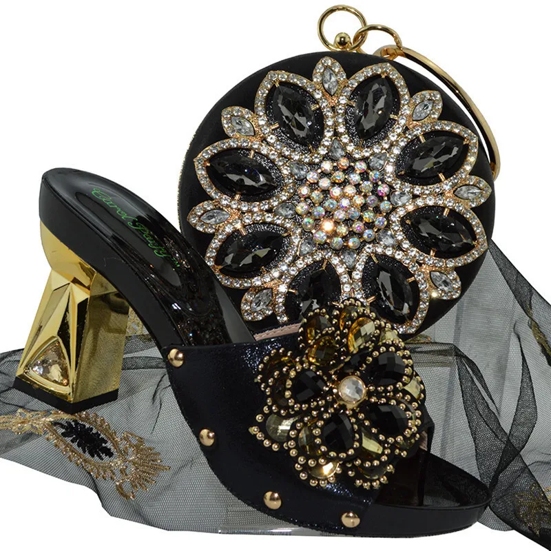 

qsl001 Nigerian Decoration With Stone Woman Shoes And Bag Set Fashion African Slipper Pumps Shoes And Bags Set For Party