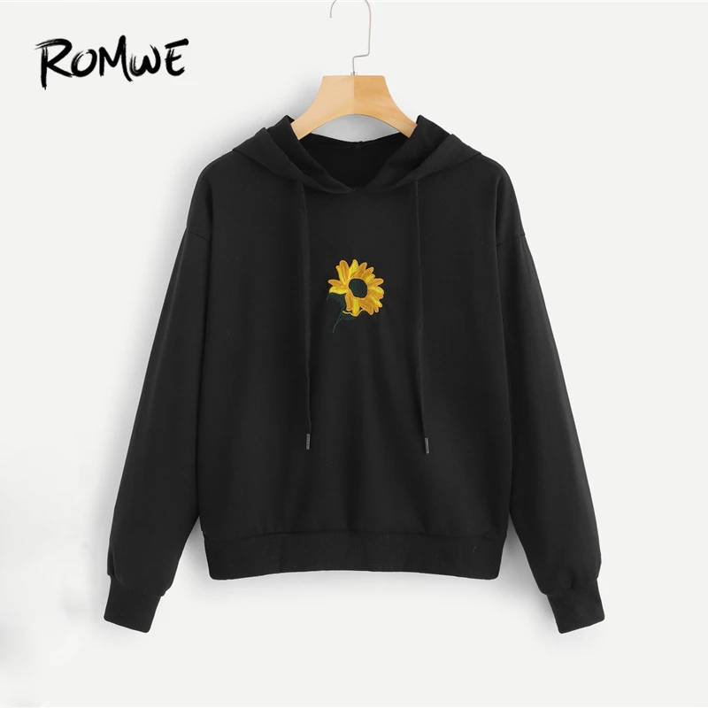 Comprar Sudadera con capucha con bordado Floral ROMWE 2019 negro moda mujer primavera otoño sudadera Streetwear camisetas de manga larga