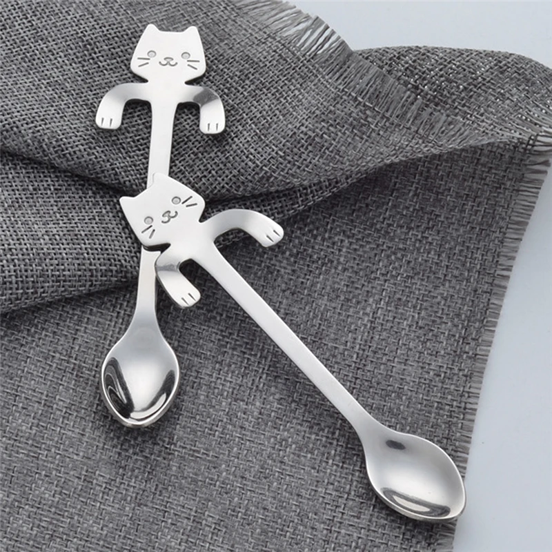 Creative Stainless Steel Cartoon Cat Hand Coffee Tea Spoon Ice Cream Dessert Long Handle Hanging Spoons Tableware Kitchen Tools