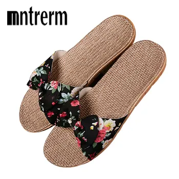 

Women Linen Slippers Summer Flax Home Slippers Cute Butterfly-knot Non-slip Unisex Family Slippers Floor Ladies New Home Shoes