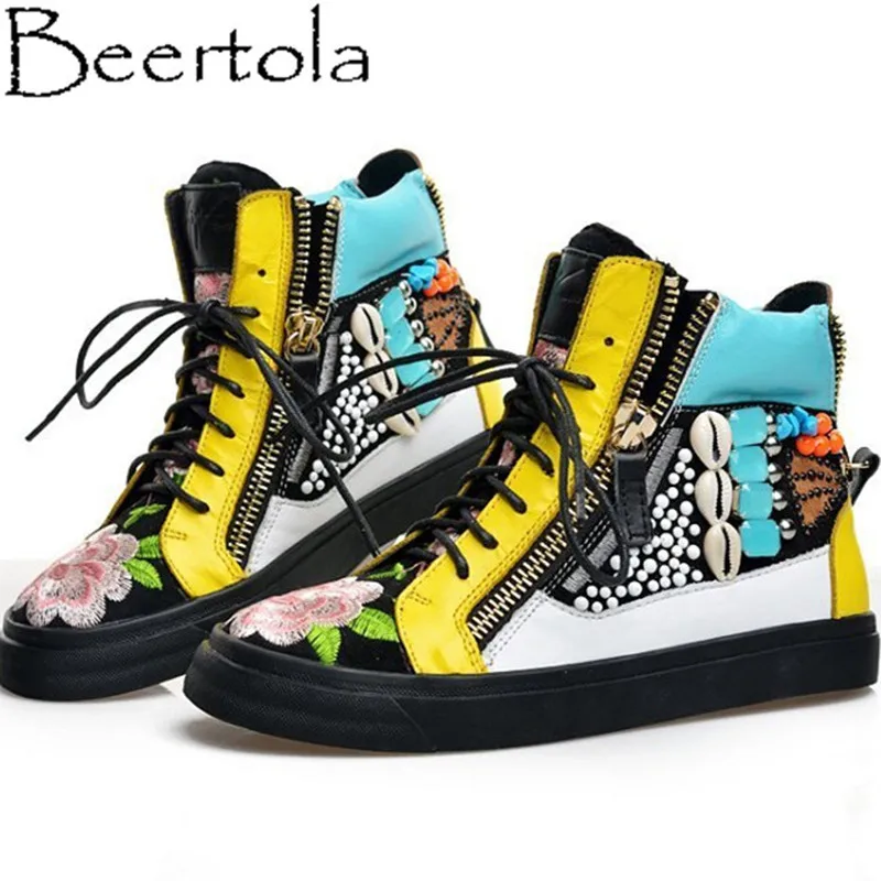 

Beertola Fashion Flats Unisex Rhinestone Shell Lace Up Mixed Color Patchwork Zip Decoration New Couple Shoes Heavy Work Shoes
