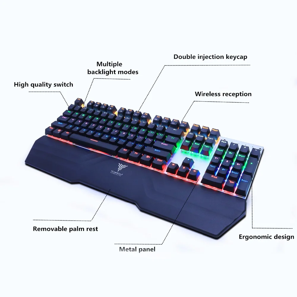 Беспроводная игровая механическая клавиатура со светодиодной подсветкой, черный и синий цвета, перезаряжаемый переключатель, 2,4 ГГц, для геймеров, США/России, наклейка для ПК, ТВ коробка