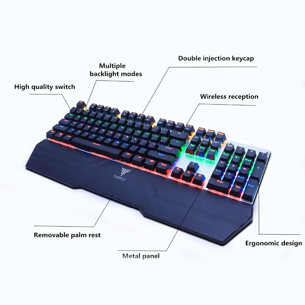 Wireless gaming mechanical keyboard LED backlit black blue switch rechargeable 2.4GHz Gamer US/Russ
