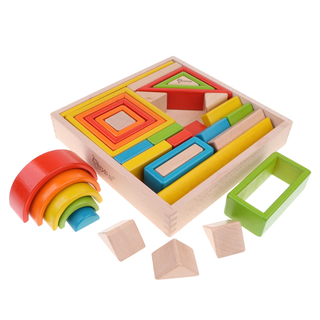 

Wooden Montessori Toys - 32pcs Rainbow Building Stacking Blocks Color and Shapes Learning Toy Kids Xmas Gift