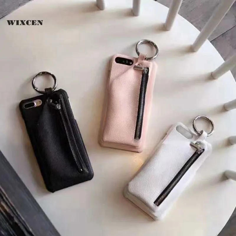 

Wixcen Luxury Pu Leather Wallet Case for Iphone 8 7 7plus 6 6s 6+ Hard Pc Back Cover Korea Metal Ring Zipper Solid Phone Bags