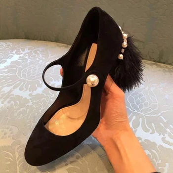 

Kmeioo 2019 Fashion Shoes Woman Mary Janes Feather Round Toe High Heels Woman Pearl Buckle Pumps Prom Square Heels For Lady