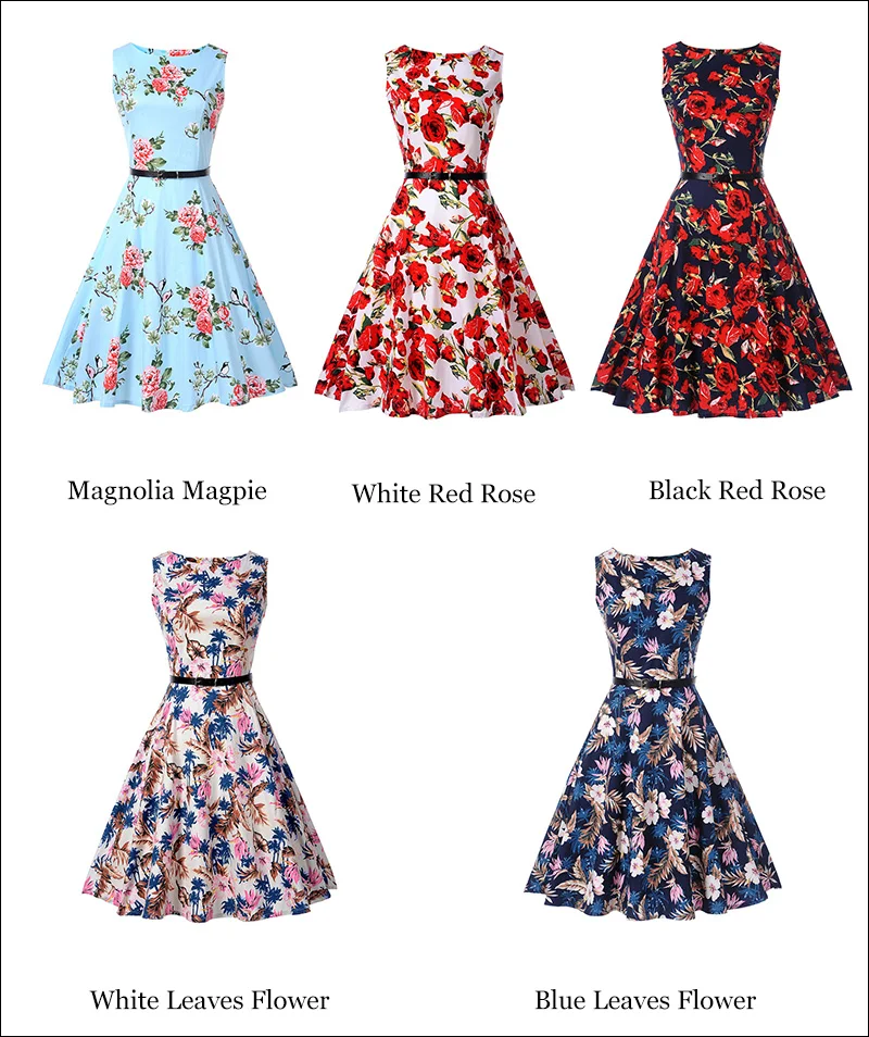 Kostlish Floral Print Summer Dress Women Sleeveless 50s Tunic Vintage Dress With Belt 2017 Elegant Swing Party Dresses Sundress (88)