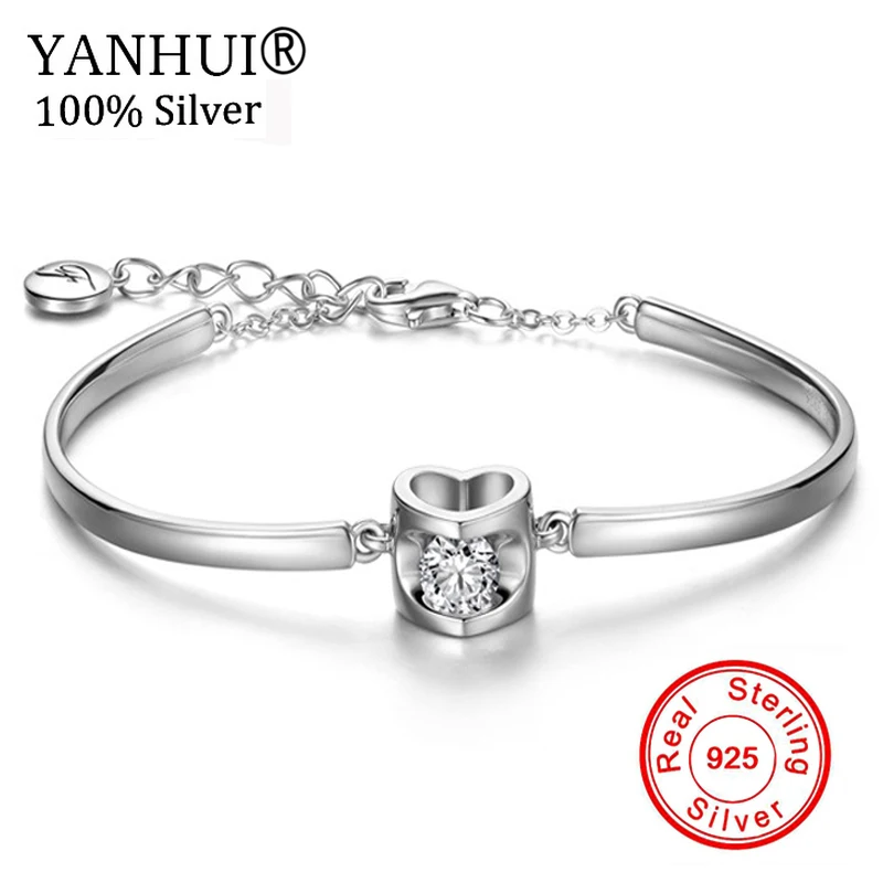 

YANHUI Original Solid 925 Silver Charm Bracelet & Bangle with Romantic Love Heart Shape Zircon Bead Women Wedding Jewelry H114
