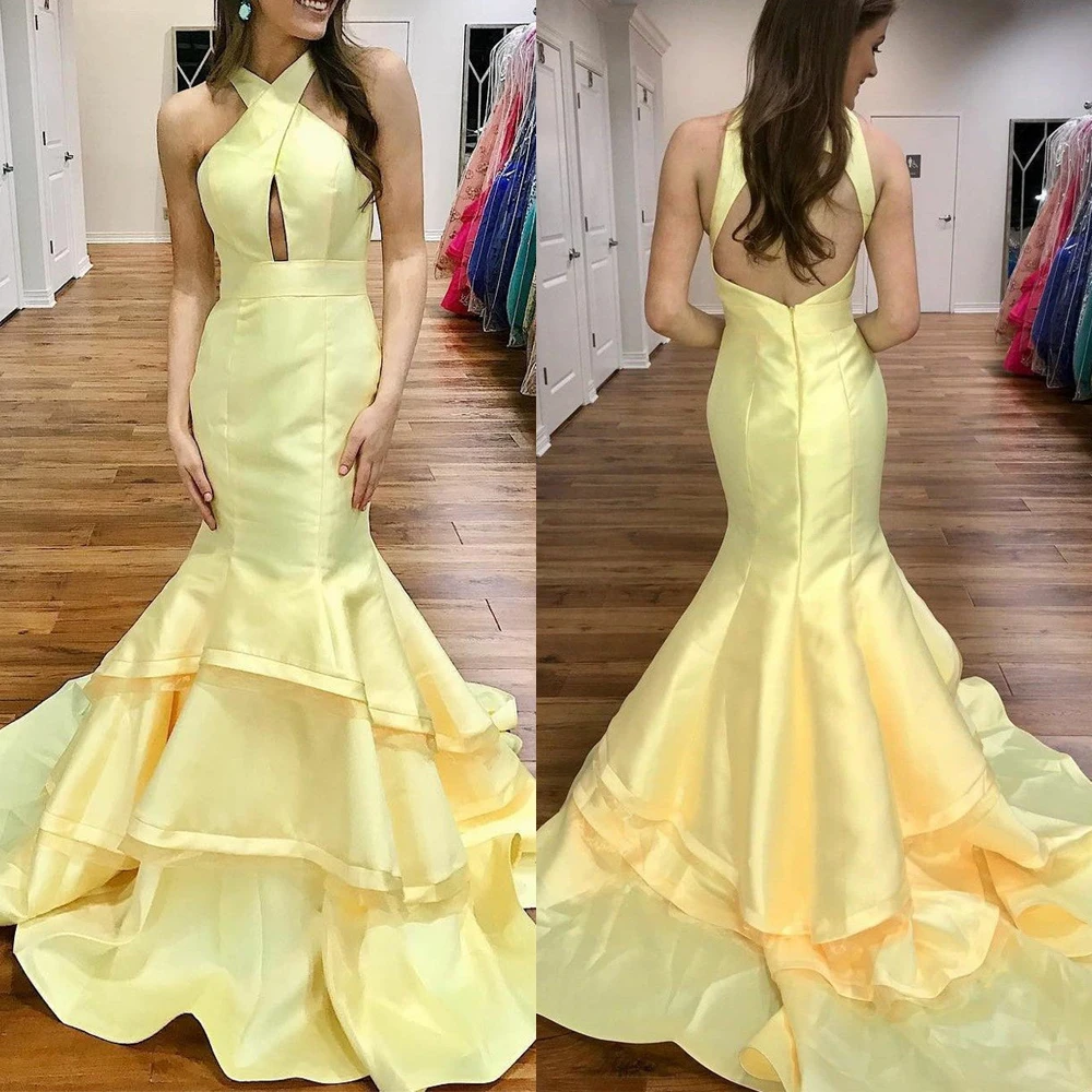 

Fashion Halter Mermaid Evening Dress Yellow Prom Dresses Custom Made Satin Tired Skirt Open Back Long Party Gown